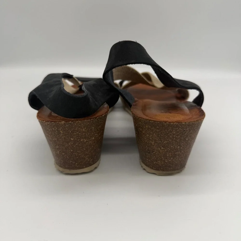 Bio Bio Womens Black Tan Elastic Leather Wedge Sandals‎ Made in Spain Size 8